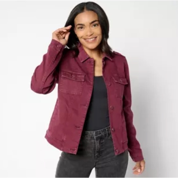 Belle by Kim Gravel L Deep Burgundy Jean Jacket Pockets Denim Outdoor Casual - Picture 12 of 12